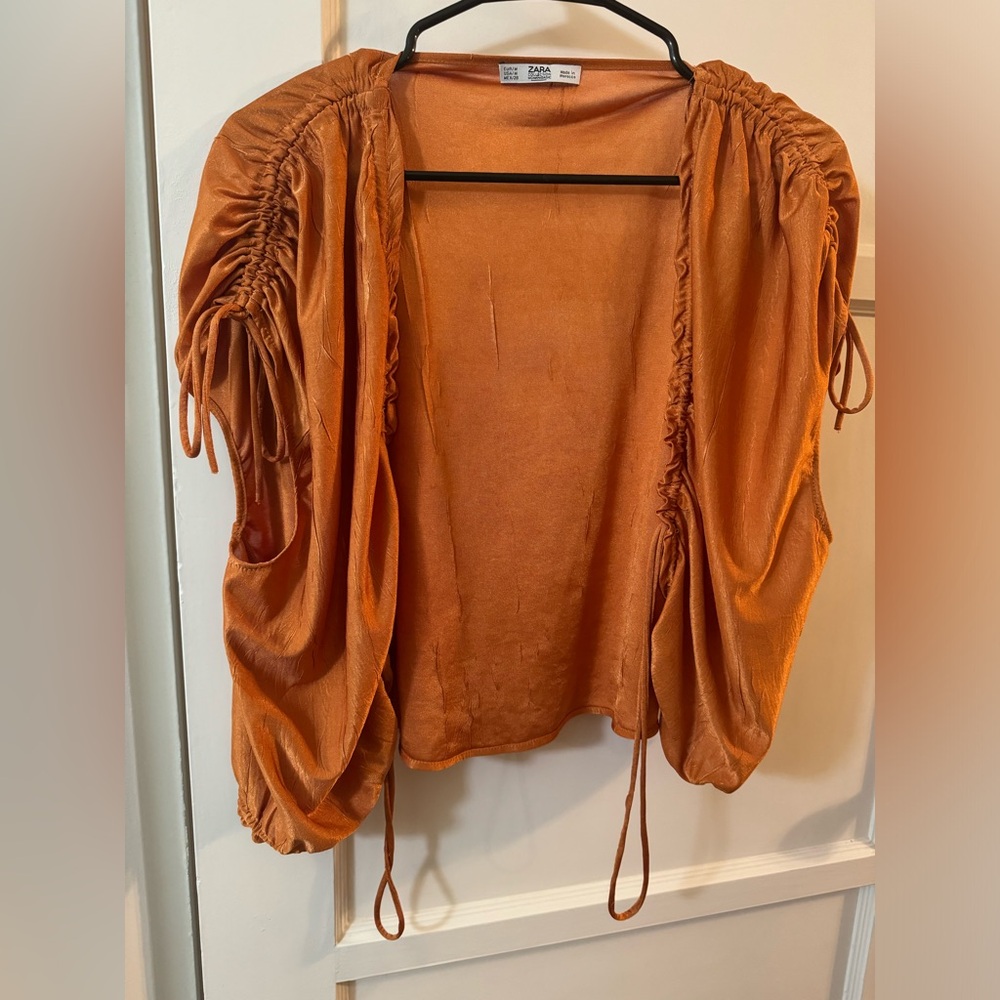 Zara Rust Orange Ruched Sleeve Open Cardigan